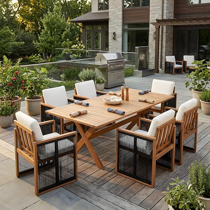 Christopher Knight Home Rolyn 7 Piece Acacia Wood Outdoor Dining Table Set for 6, Extendable Dining Table And 6 Chairs With Cushion & Rope Design, Wooden Outdoor Patio Furniture Set, Cream+Teak+ Black