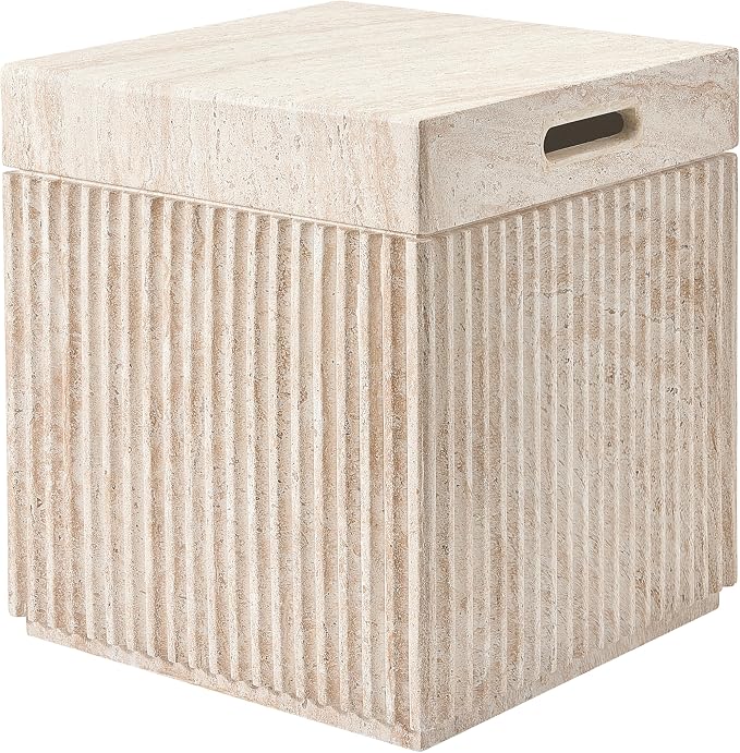 Christopher Knight Home Livia 20.28" Tall Outdoor Square Accent Side Table, Patio Decorative End Table with Fluted Design, MGO Garden Stool for Patio Living Room Balcony & Garden Decor, Travertine