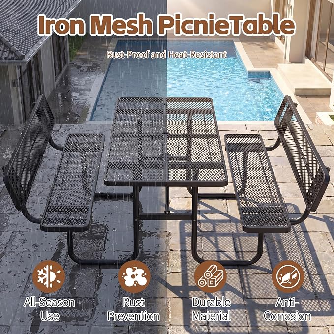 72" Rectangular Metal Picnic Table with Backrest, Commercial Steel Picnic Tables with 1.73" Umbrella Hole, Heavy Duty Picnic Tables for Outdoor Garden Courtyard BBQ, Black