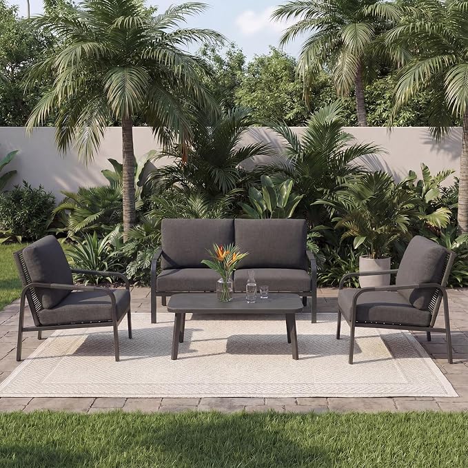 4-Piece Aluminum Patio Furniture Set, Outdoor Conversation Set with Loveseat, Chairs & Coffee Table, Deep Seating Cushions, All-Weather Metal Patio Furniture for Backyard, Balcony, Gray