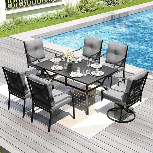 PHI VILLA 7pc Outdoor Dining Set w/Metal Table & Chairs, Gray | 60" wrought iron table w/ umbrella hole. Swivel & fixed chairs for 6. Furnitre set for patio, deck, porch, backyard