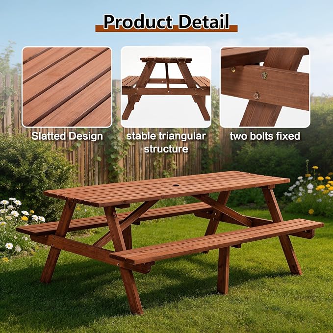 75'' Wooden Picnic Table,Outdoor Wooden Dining Rectangle Table w/Umbrella Hole,Picnic Table Bench Set for 6 or 8 Person, Natural for Camping, Garden & BBQ,Brown