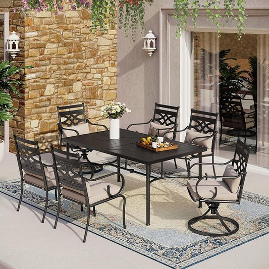 MFSTUDIO 7-Piece Patio Dining Set, 64" Metal Table, Swivel Chairs | Mixed Swivel and Fixed Chairs, Umbrella Hole, All-Weather Use