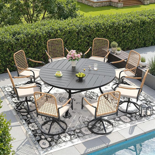 DIFY 9 Pieces Outdoor Dining Set, Metal Patio Table and Chairs Set for 8, 59.8" Round Dining Table with Umbrella Hole & Wicker Swivel Patio Chairs with Cushions, Black Tabletop