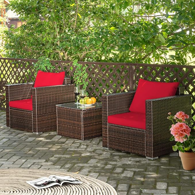 Tangkula 3 Pieces Patio Furniture Set, Outdoor Conversation Rattan Furniture Set w/Washable Cushion and Tempered Glass Tabletop, PE Rattan Wicker Sofa Set for Garden Poolside Balcony