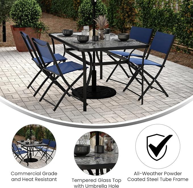 Flash Furniture Tory Rectangle Patio Table with Umbrella Hole, Commercial All-Weather Table with Heat Resistant Tempered Glass, Steel Tube Frame, 35x 59, Black