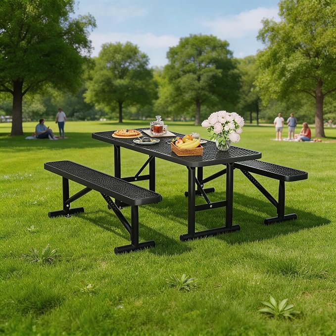 6FT Outdoor Metal Picnic Table with 2 Benches,Heavy Duty Rectangular Picnic Table Set for Outside, Waterproof Commercial Restaurant Table Furniture for Park, Campfield, Patio, Garden, Yard