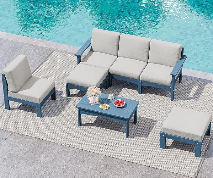 SERWALL 7 Pieces Patio Conversation Set, Heavy Duty HDPE Outdoor Sectional Sofas with Cushions and Coffee, All-Weather Outdoor Couch Set for Backyard, Deck and Porch, Blue Frame with Khaki Cushion