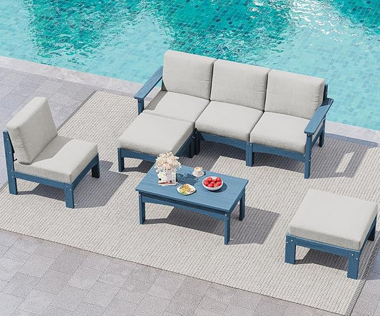 SERWALL 7 Pieces Patio Conversation Set, Heavy Duty HDPE Outdoor Sectional Sofas with Cushions and Coffee, All-Weather Outdoor Couch Set for Backyard, Deck and Porch, Blue Frame with Khaki Cushion