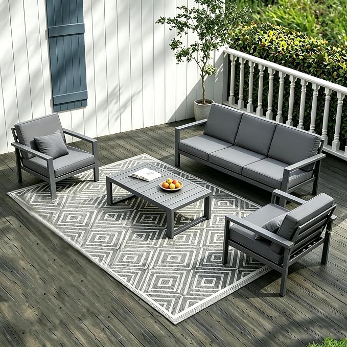 Modern All Weather Aluminum Patio Conversation Set,4 Pieces Oversized Metal Sectional Sofa Couch with Cushions and Coffee Table,Outdoor Furniture for Backyard,Porch,Garden, Balcony,Deck Grey