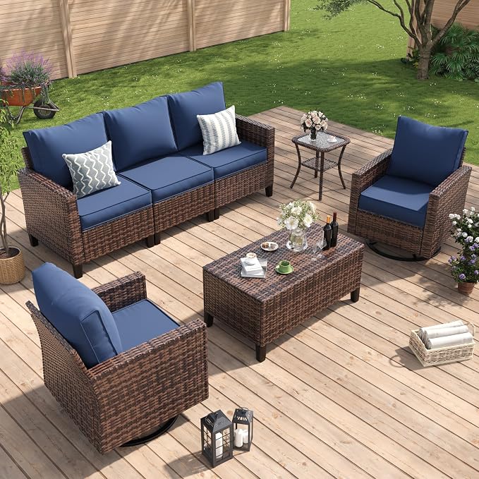 Amopatio Patio Furniture Set, Wicker Outdoor Sectional Sofa with Swivel Rocker Chairs, All-Weather Rattan Conversation Set, Storage Coffee Table, Waterproof Cover for Backyard, Deck Brown/Navy 5 PCS