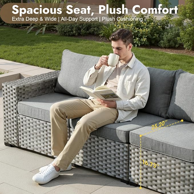 12 Pieces Patio Furniture Set, Wicker Outdoor Sectional Sofa with Coffee Table Comfy Cushions, Modern Modular Deep Seat Rattan Couch Conversation Set for Backyard Porch Yard,Dark Grey
