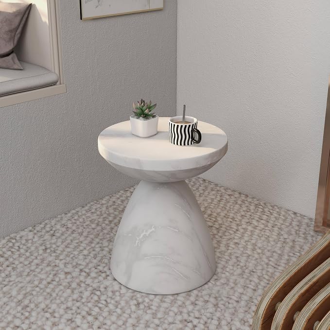 LeisureMod Modern Side Lightweight Fiberstone Top 20” Round Accent Table and Hourglass Pedestal Base for Outdoor, Home, Living Room Dune Series in Marble White
