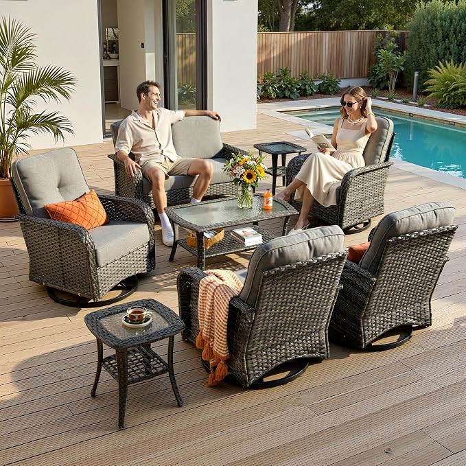 8-Piece Patio Furniture Set, Outdoor Wicker Furniture with Coffee Table, High Back Swivel Rocker Patio Chairs, Modern Rattan Outdoor Chairs Conversation Set for Porch, Balcony, Garden, Dark Gray