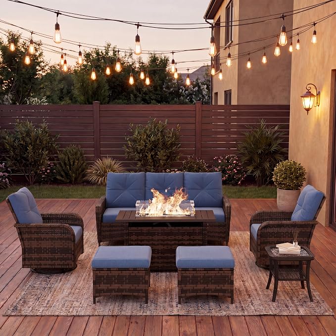 LazySunsets 9 Piece Outdoor Patio Furniture Set with 44'' Fire Pit Table, Wicker Rattan Outdoor Furniture with High Back Swivel Rocker Chairs, Outdoor Sofa Set with Thick Cushions & Ottoman, Navy Blue