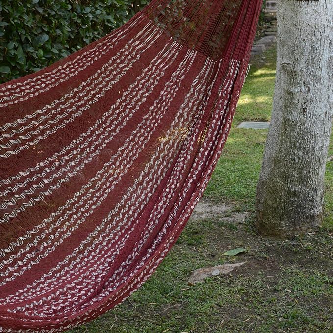 NOVICA Burgundy White Hand Woven Cotton Mayan 2 Person XL Rope Hammock with Hanging Accessories, 'Burgundy Riviera' (Double)