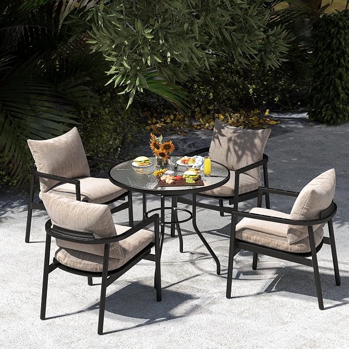 JINLLY 32 Inch Patio Table with Umbrella Hole, Round Glass Patio Table, Outdoor Bistro Dining Tables with Tempered Glass Tabletop and Metal Frame for Outside, Garden, Balcony