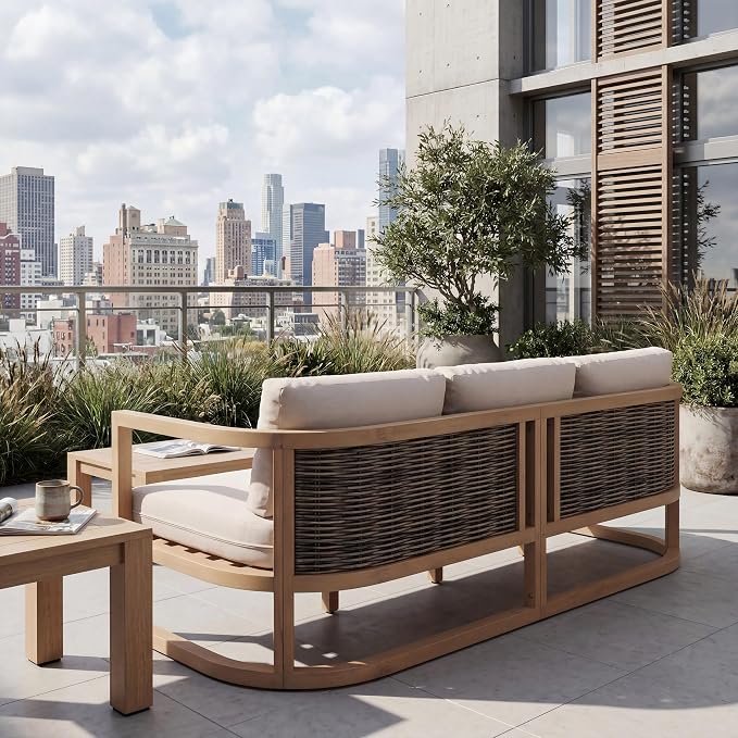 Merax Outdoor All-Weather Acacia Wood 3 Seater Sofa with Cushion and Deep Seat, Patio Sofa Daybed with Sturdy Base for Porch, Lawn, Backyard, Balcony, Light Teak