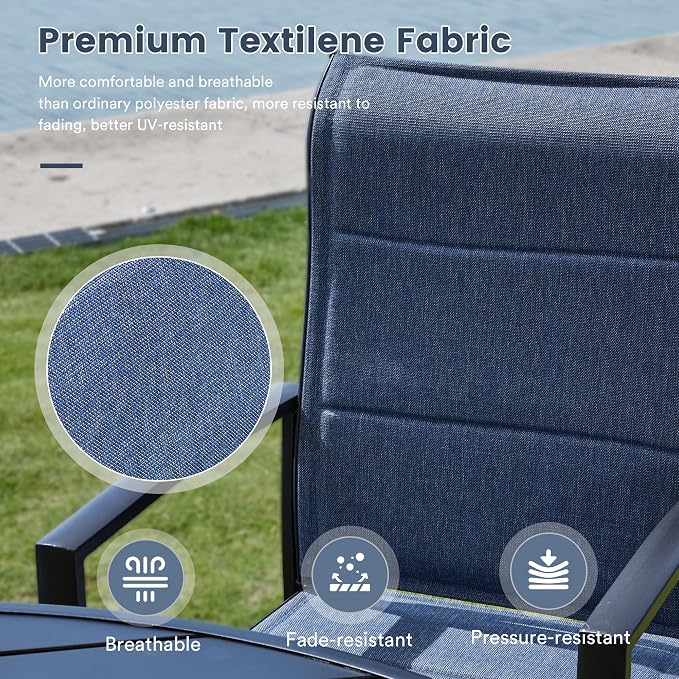 VICLLAX Patio Dining Set for 4, 4 Seats Outdoor Furniture Includes 40.7" Round Patio Table and Swivel Padded Chairs, Black Tabletop and Blue Fabric