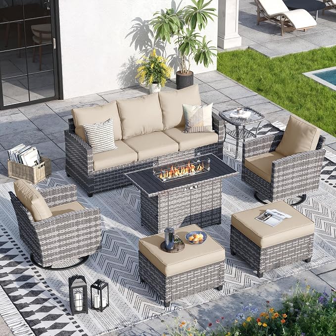 7 Pcs Outdoor Furniture with 44" Fire Pit Table, Rattan Patio Conversation Sets with Swivel Chair, Gas Fire Pit, Ottomans, Side Table, 4" Thick Cushion, for Backyard Garden Deck,Khaki