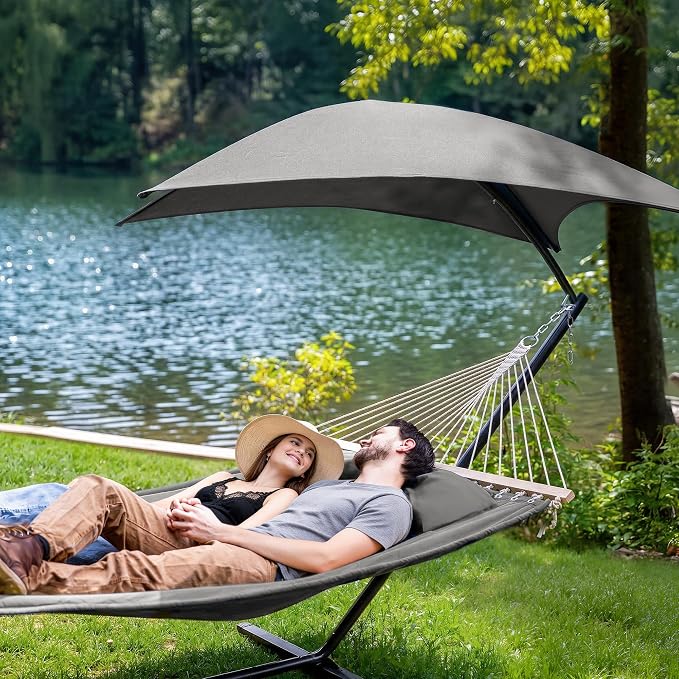 SUNCREAT Hammocks for Outside with Stand, Porch Hammock and Stand, 475 lbs Capacity, Patent Pending, Light Gray