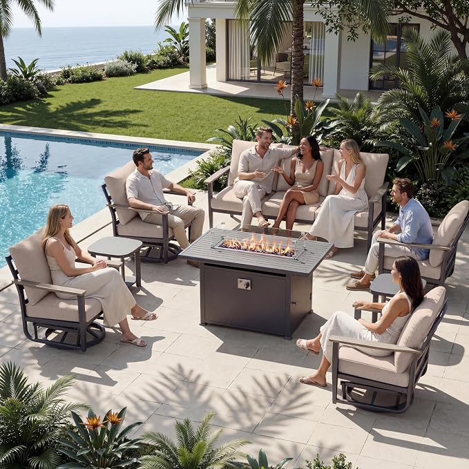 Aluminum Outdoor Patio Furniture Set with Swivel Rocking Chairs 7-Seat, Patio Sectional Sofa Patio Conversation Set with 55,000 BTU Fire Pit Table & High Backrest, Sand