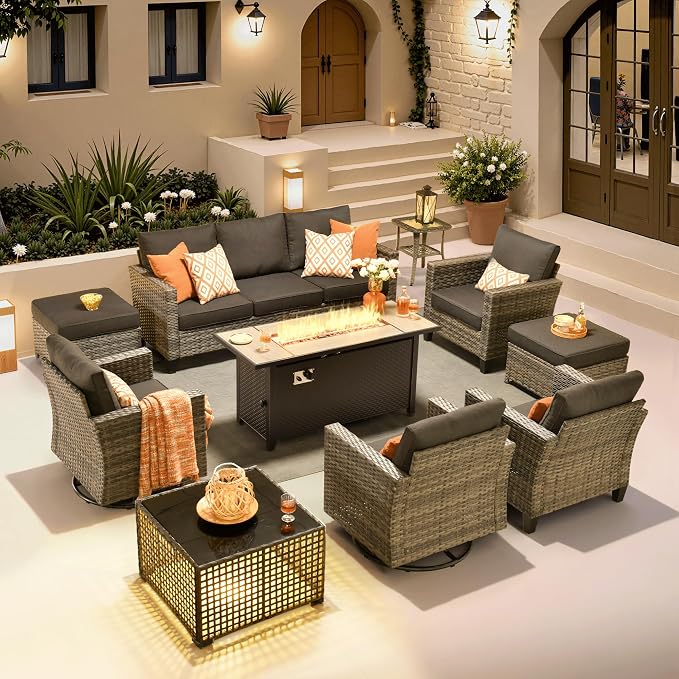 ovios 10 Pieces Patio Furniture Set with Swivel Chairs Rocking Gliders, 54" Fire Pit Table, Outdoor Sofa Couch with Solar Lights Table, Modern Deep Seat Wicker Rattan Conversation Set, Black