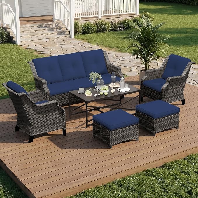 6 Pieces Patio Furniture Set, Outdoor Furniture Set with 2 Patio Chairs, 2 Ottoman, 1 Outdoor Wicker Sofa, 1 Metal Table, Ideal for Backyard, Garden, Poolside, Blue