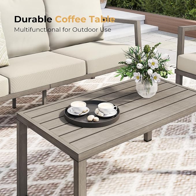 HAPPATIO Aluminum Patio Furniture Set, 4 Pieces Conversation Set with Thick Cushions and Coffee Table, All Weather 3-Seat Sofa Waterproof and Rustproof for Garden, Backyard, Porch, Grey