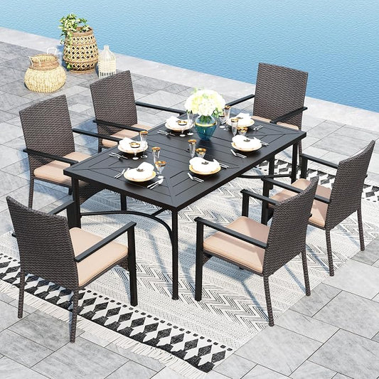 Sophia & William 7-Piece Patio Dining Set, Metal Table, PE Wicker Chairs | All Weather Patio Table and Chairs Set for 6, Perfect for backyard, deck, porch