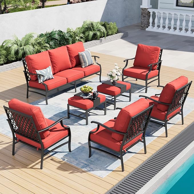 SUNSHINE VALLEY 7 Piece Metal Outdoor Patio Furniture Set, Patio Conversation Sets 1 3-Seater Sofa, 4 Fixed Chair, 2 Ottomans with 5.75" Thick Cushion, Black All-Weather Frame Backyard Furniture, Red