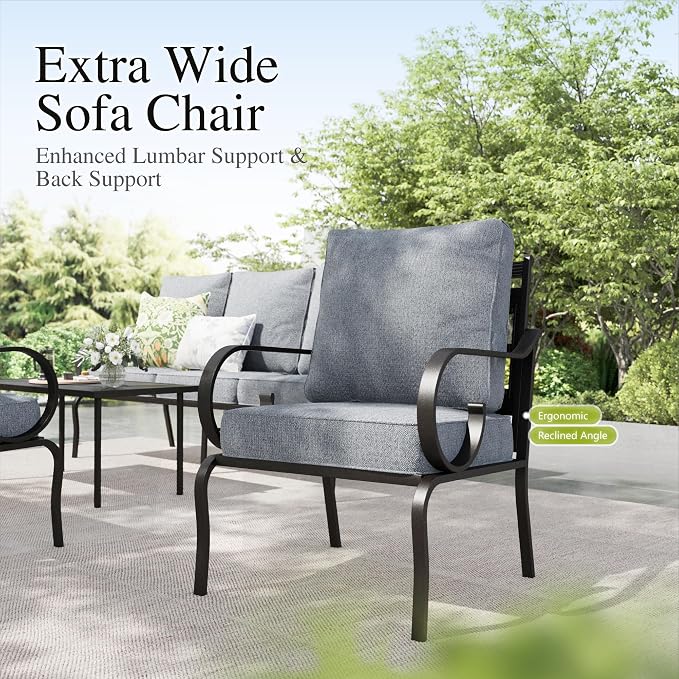 Sophia & William Patio Conversation Set for 5, 3-Seater Sofa, 2 Fixed Chairs and a 45" Fire Pit Table, Metal Outdoor Furniture with 5.75" Extra Thick Cushions, Grey