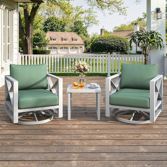 3 Piece Aluminum Rocking Patio Furniture Set, Modern Outdoor Patio Conversation Sets with Ergonomic Swivel Chairs, 6" Thick Washable Cushions and Coffee Table for Balcony, Porch, Backyard,White