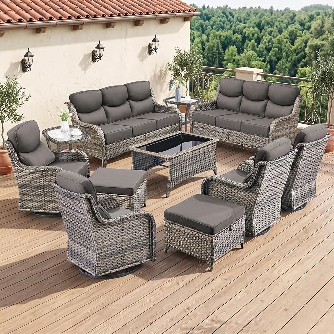 Luxury 6" Thick Cushion 11 Pieces Wicker Patio Furniture Set with High Back Swivel Rocker Chairs of 4, Outdoor Conversation Set with Patio Couch for Deck Porch Yard and Poolside