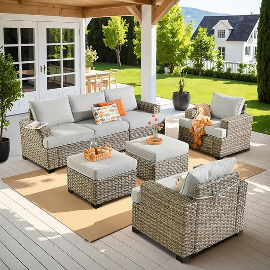 7 Pcs Outdoor Sectional Patio Furniture Set with Ottomans - All Weather Wicker Modular L Shaped Outside Sectional Couch,Patio Seating Outdoor Conversation Sets for Deck Yard Garden,Grey
