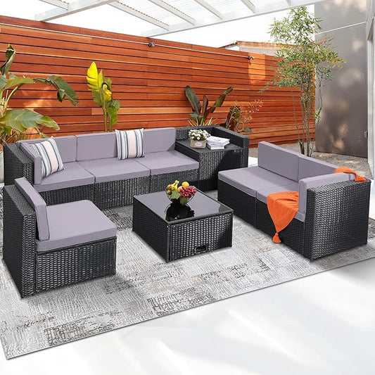 KROFEM 8 Piece Patio Furniture Set, Outdoor Modular Conversation Set,Grey | UV Treated Wickers, Machine Washable Cushions, Seats 6, 2 Hidden Storage Compartments, Rustproof Frame, Waterproof