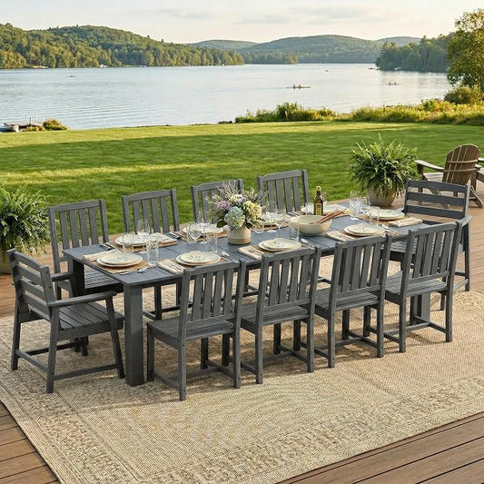 LOUNZY 11 Piece Patio Dining Set for 10, Outdoor Table and Chairs, Grey | 89.4“ table,Large 10 seat patio dining set, mixed chair durable HDPE wood-look, fade and UV resistant for long-term outdoor