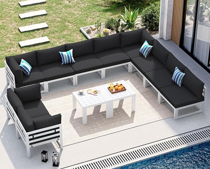 NICESOUL 12 Piece Modern Aluminum Outdoor Patio Furniture Set with Coffee Table, Extra Large L Shaped Modular Sectional Couch, 29" Wide Deep Seating Conversation Sofa for Terrace Exterior, Black