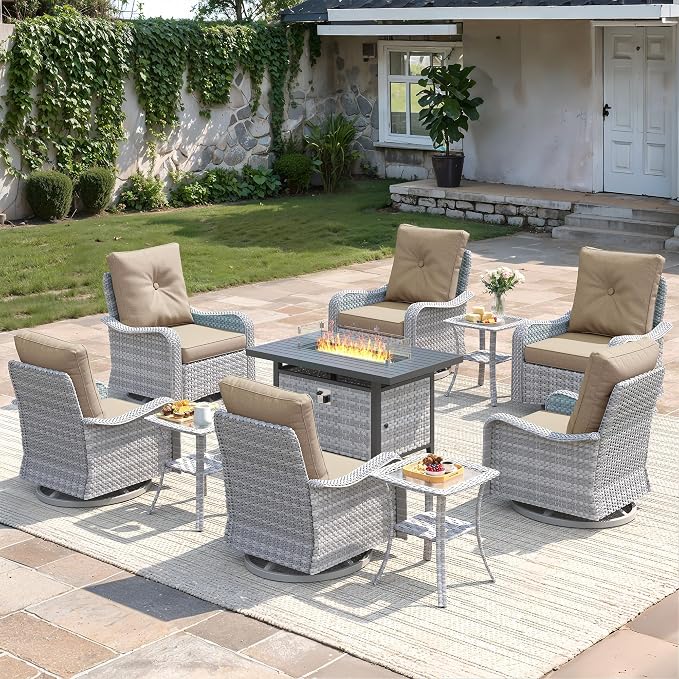 10-Piece Outdoor Conversation Set with 43" Fire Pit Table, 6 Swivel Rocking Chairs (4" Cushions) & 3 Side Tables, All-Weather PE Rattan & Steel Frame for Porch, Deck, Backyard, Beige