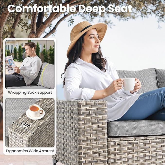 ovios 9-Piece Patio Furniture Set with L-Shape Sofa Chaise, Outdoor Sectional Couch Swivel Gliders Fire Pit Table, Modern Modular Wicker Rattan Conversation Set, Dark Grey