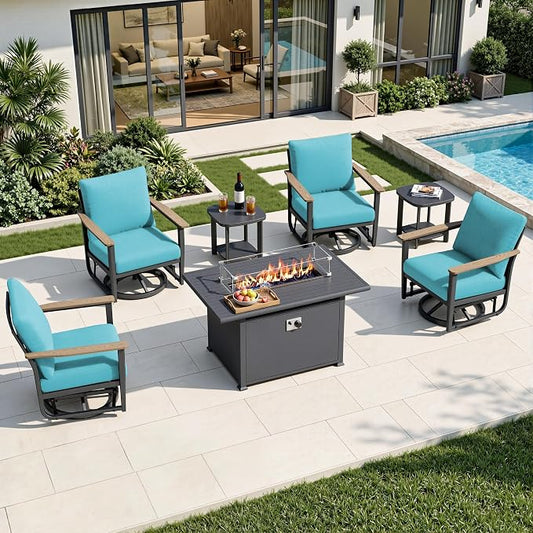 7Pcs Patio Rocking Swivel Chair with 55,000 BTU Fire Pit Table Outdoor Aluminum Bistro Set with Coffee Table, Patio Furniture Set with High Backrest & Thickened Cushions, Turquoise