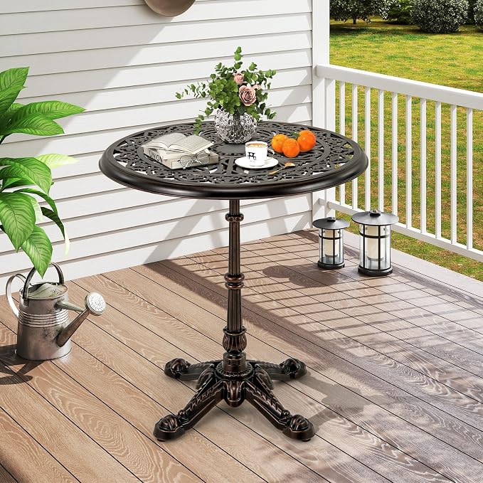 Tangkula 27" Round Cast Aluminum Patio Bistro Table, Weather Resistant Outdoor Dining Table with Hollow Top & Cross Base, Accent Table for Backyard, Garden, Porch, Copper