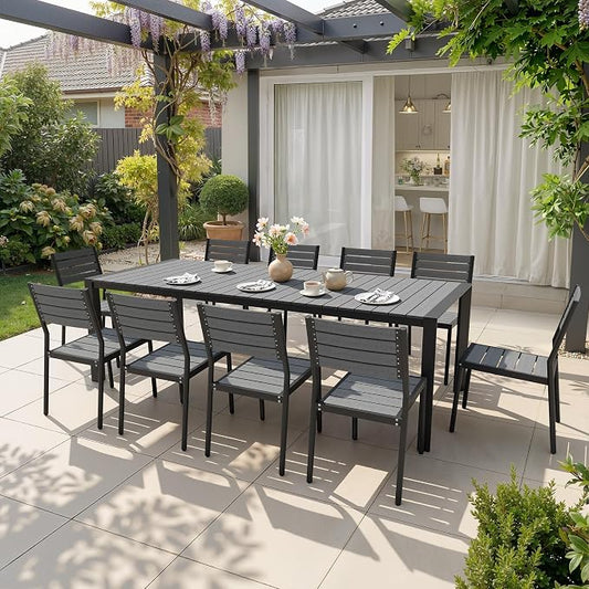 11 Pieces Outdoor Patio Dining Set, 95" Aluminum Table and Stackable Chairs | Adjustable Umbrella Hole & Wood Grain Tabletop for Garden, Patio, Backyard (Grey)