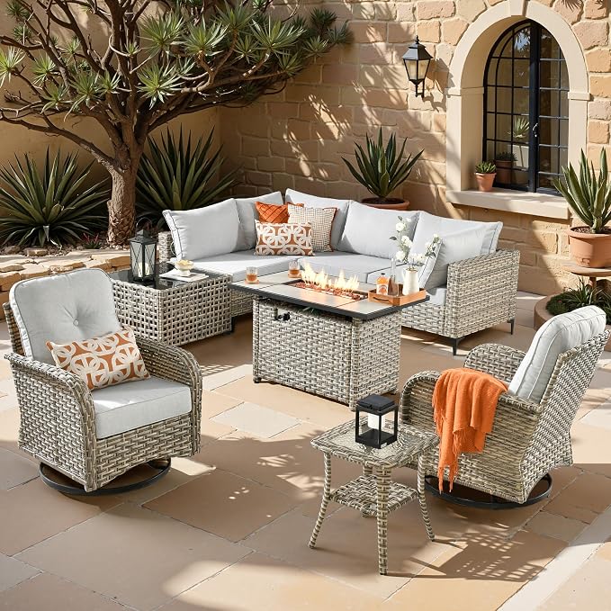 Outdoor Sectional Patio Furniture Set,9 Pieces All Weather Rattan Wicker Conversation Sets with Fire Pit,Out Door Furniture with Swivel Chairs Glowing Coffee Table,Light Grey