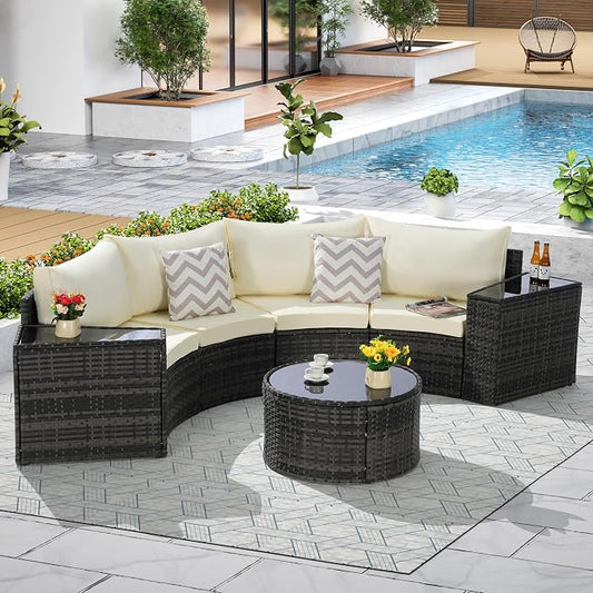 KEIKI 7-Piece Half-Moon Outdoor Patio Furniture Set, Rattan Patio Conversation Set with Coffee Table & 2 Sofa Side Table & 4 Curved Armless Sofa, Wicker Curved Sectional Sofa Set, for Backyard, Beige