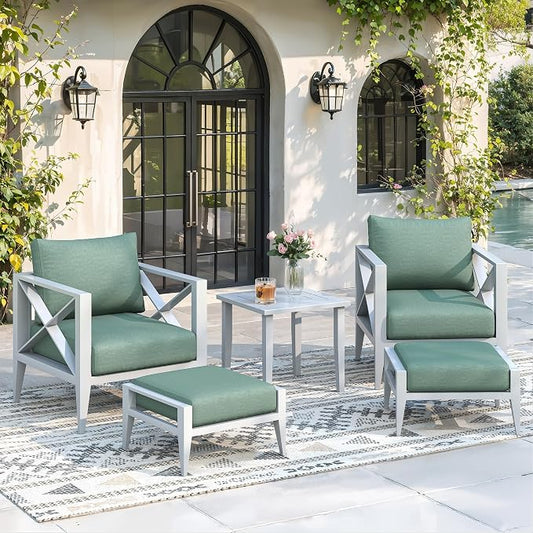 Aluminum Outdoor Patio Furniture Set, 5 Pieces Conversation Set with 5.2 Inch Cushions & 2 Ottomans, All-Weather Rust-Resistant Frame Conversation Set for Porch, Garden, Backyard, White