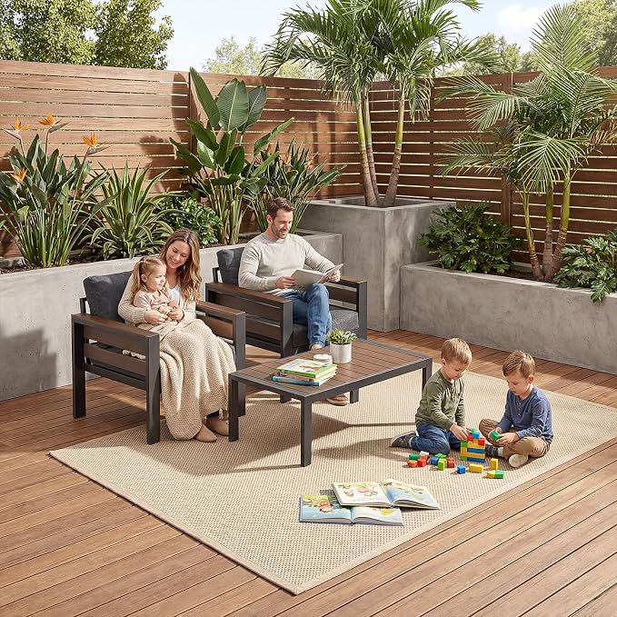 Outdoor Aluminum Patio Furniture Armchair, 2Pcs Rust-resistant Patio Conversation Armchair with Thick Washable Cushions and Coffee Table, Oversized 3.2” Widened Armrest for Backyard Porch Deck