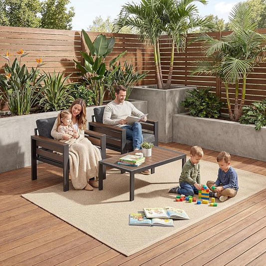 Outdoor Aluminum Patio Furniture Armchair, 2Pcs Rust-resistant Patio Conversation Armchair with Thick Washable Cushions and Coffee Table, Oversized 3.2” Widened Armrest for Backyard Porch Deck