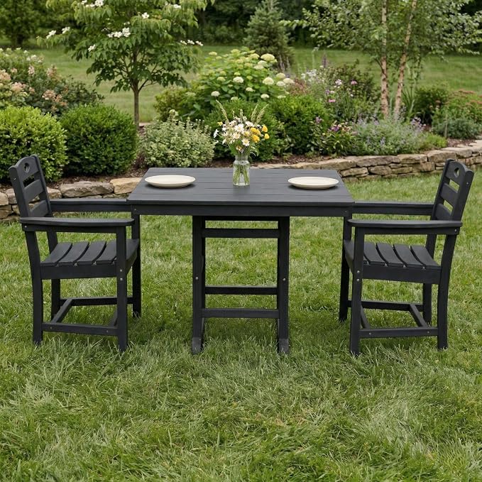 WILLIAMSPACE 37.8" Outdoor Patio Dining Set with 2 Armchairs, All Weather HDPE Square Dining Table with Umbrella Hole, Patio 3-Piece Bistro Set for Backyard, Balcony, Lawn, Kitchen (Black)