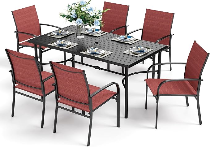 HERA'S HOUSE 7pc Outdoor Patio Dining Set, 6 Textilene Chairs, Red | 67" rectangular metal table with umbrella hole. Waterproof, rust-resistant, all-weather for backyard, porch